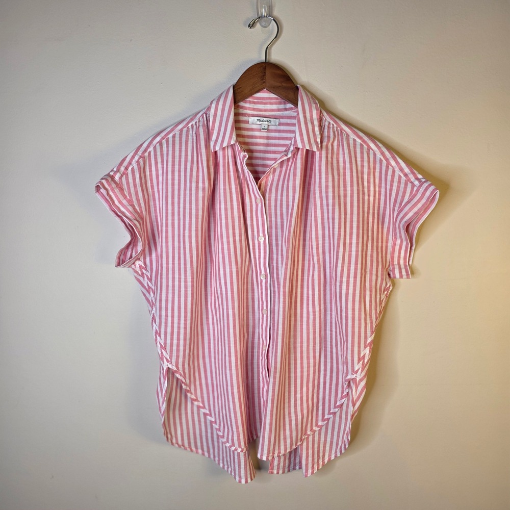 Madewell Cotton Button Shirt Womens Small Pink White Striped Back Vent Oversized - Picture 2 of 11
